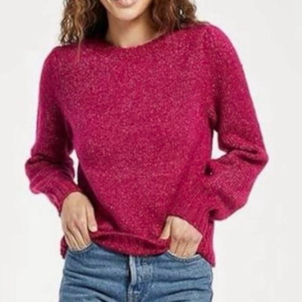 Z Supply Annie Puff Sleeve Sweater Crewneck Fuchsia Pink Size Xs